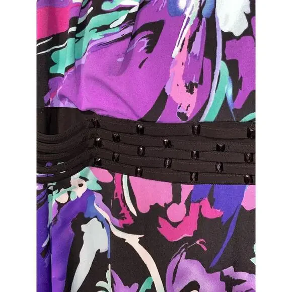 Perceptions Dress Size 14P Fit & Flare Midi Purple Teal & Black Floral Beaded - Picture 5 of 9